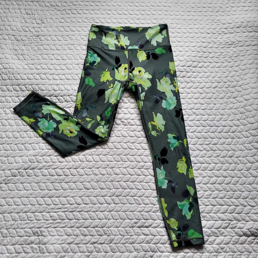 Athleta Elation 7/8, Small, Leggings, Floral Grey, yellow Green And Black